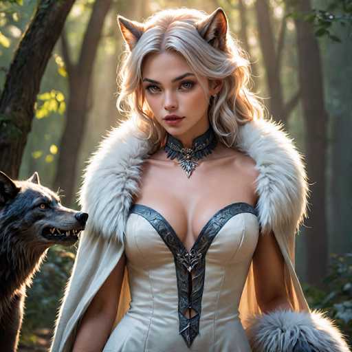 In this captivating image, a woman stands gracefully in a dense forest, exuding an aura of mystery and allure. She is adorned in a striking white dress with black trim, which features a daring V-neckline that plunges down to her waist, revealing a hint of cleavage. The dress is intricately designed with a crisscross pattern that extends up to her neck, adding a touch of elegance to her ensemble. Around her neck, she wears a black choker adorned with a silver pendant, adding a touch of sophistication to her look.

Her long, wavy blonde hair cascades down her shoulders, framing her face beautifully. She has captivating blue eyes and full lips, which are slightly parted, giving her an air of intrigue. Perched atop her head are a pair of fox ears, their pointed tips adding a whimsical and wild touch to her appearance.

Draped over her shoulders is a luxurious white fur shawl, which complements her dress and adds an element of opulence to her outfit. The shawl features a black fur trim at the bottom, creating a striking contrast. In her left hand, she holds a white fur glove, further enhancing her elegant and enigmatic presence.

To her left, a black wolf stands attentively, its yellow eyes fixed on her. The wolf's mouth is slightly open, revealing sharp teeth, and its ears are pointed upwards, giving it an alert and curious demeanor. The background is a lush forest, with tall trees and dense foliage, adding to the mystical and enchanting atmosphere of the scene.