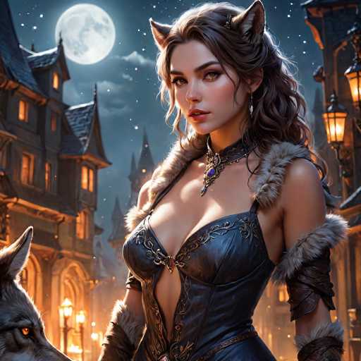 The image depicts a highly detailed, computer-generated scene featuring a young woman with long, dark brown hair styled in a ponytail. She has striking green eyes and is adorned with cat-like ears, adding a fantastical element to her appearance. She wears a black leather corset with intricate gold embroidery and fur trim, complemented by a choker necklace with a blue jewel. Her outfit is further enhanced by leather arm guards with fur accents. The woman stands in a medieval, fantasy-themed town, characterized by tall, illuminated buildings with pointed roofs and glowing lanterns. The night sky is filled with stars, and a large, full moon casts a serene light over the scene. To her left, the head of a gray wolf with piercing yellow eyes is visible, adding to the mystical atmosphere. The overall composition suggests a setting reminiscent of a video game or animated movie, blending elements of fantasy and medieval aesthetics.