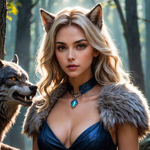 The image depicts a young woman with long, wavy blonde hair, adorned with fox-like ears that are brown on the outside and white on the inside. She has striking green eyes and is wearing a blue leather dress with a plunging neckline, complemented by a fur collar and a blue gem necklace. Her lips are painted a pinkish-red hue. The woman is gazing directly at the camera, exuding a serious expression. To her left, a gray wolf with yellow eyes and bared teeth is looking at her intently. The background features a forest with tall, slender trees, some of which are illuminated by sunlight, creating a serene yet mysterious atmosphere.