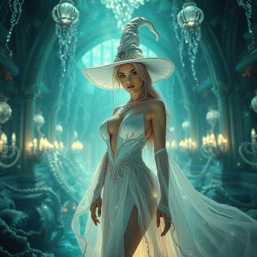 A woman stands in front of a large window with white curtains and a crystal chandelier hanging from the ceiling. She is wearing a white dress adorned with silver sequins and a white hat with a pointed brim. The background features a dark blue color scheme with white accents, creating an ethereal atmosphere.