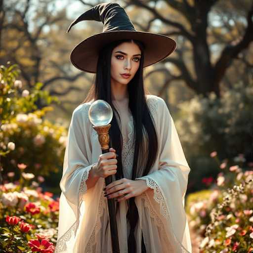 In this captivating image, a young woman stands gracefully in a lush garden, exuding an air of mystery and enchantment. She is adorned in a flowing white gown that features intricate lace detailing along the sleeves, hem, and neckline, adding a touch of elegance to her ensemble. Her long, dark hair cascades down her back, framing her face and partially obscuring her chest. Atop her head sits a classic witch's hat, its wide brim casting a shadow over her enigmatic expression.

In her right hand, she holds a staff, its dark wooden shaft adorned with a golden band near the top. Atop this band rests a large, clear crystal ball, catching the light and drawing the viewer's gaze. Her left hand gently rests on the staff, with her fingers slightly curled, showcasing a delicate ring on her ring finger.

The background is a soft blur of vibrant greenery and colorful flowers, with hints of red, pink, and white blooms adding splashes of color to the scene. A large tree stands to her right, its branches reaching out over the garden, while smaller trees and bushes dot the landscape, creating a serene and magical atmosphere. The overall composition of the image evokes a sense of wonder and enchantment, as if she has stepped out of a fairy tale.