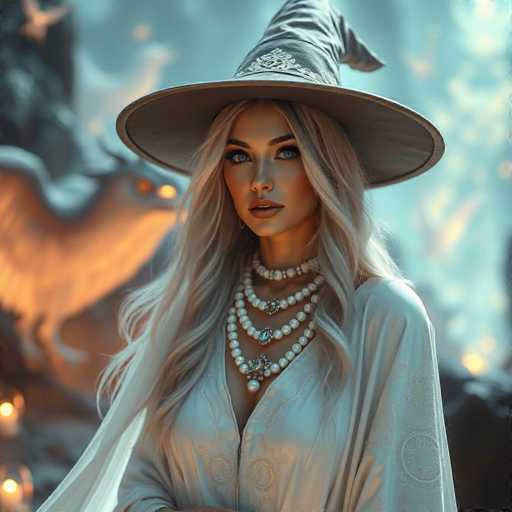 This AI-generated image features a strikingly beautiful woman with long, flowing blonde hair and captivating blue eyes. She is adorned with an elaborate array of pearl necklaces, each one more intricate than the last, and a wide-brimmed witch's hat that adds a touch of whimsy to her appearance. Her attire is equally enchanting, resembling a flowing silk dress that enhances her ethereal presence. The background is a mesmerizing blend of blue and white hues, with a large bird—possibly a phoenix—emerging from the left side, adding a sense of mystique and magic to the scene. The overall composition is both surreal and captivating, drawing the viewer into a world of fantasy and wonder.