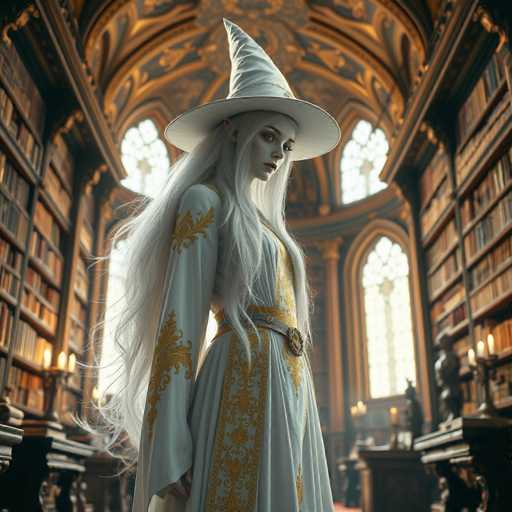 A woman with long white hair and a large white hat stands in front of a bookshelf filled with books, wearing a white dress adorned with gold embroidery.