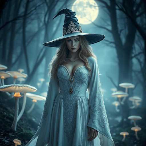 A woman stands in front of a forest filled with mushrooms and trees under the moonlight. She is wearing a blue dress adorned with gold embroidery and a large hat that resembles a witch's hat. The background features a dark sky and trees with white mushrooms scattered throughout the scene, creating an ethereal atmosphere.