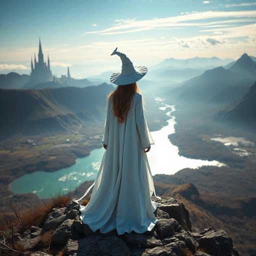 A woman dressed as a witch stands on top of a rocky cliff overlooking a valley with mountains and a lake below. She is wearing a long white dress and a tall white hat with a pointed top.