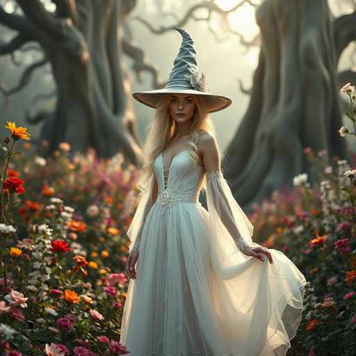 In this enchanting image, a young woman stands gracefully in a vibrant field of flowers. She is adorned in a stunning white dress that features intricate lace details and sheer sleeves that extend to her elbows. The dress is designed with a daring deep V-neckline that adds an element of allure to her elegant appearance. Her long, flowing blonde hair cascades down her back, complementing the ethereal quality of her attire. Atop her head, she wears a whimsical witch's hat, adding a touch of playful mystique to the scene. The hat is gray with a wide brim and a pointed tip, adorned with a delicate pink flower on the side. She holds the skirt of her dress with her left hand, causing it to billow slightly in the gentle breeze. The background is a lush tapestry of tall, majestic trees with thick trunks and sprawling branches. The ground is carpeted with a diverse array of flowers in shades of pink, red, orange, and white, creating a colorful and picturesque setting. The overall composition exudes a magical and serene atmosphere, capturing a moment of whimsical beauty.