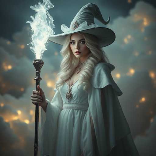 A woman dressed as a witch stands against a backdrop of clouds and stars, holding a wand with a flame at her side.