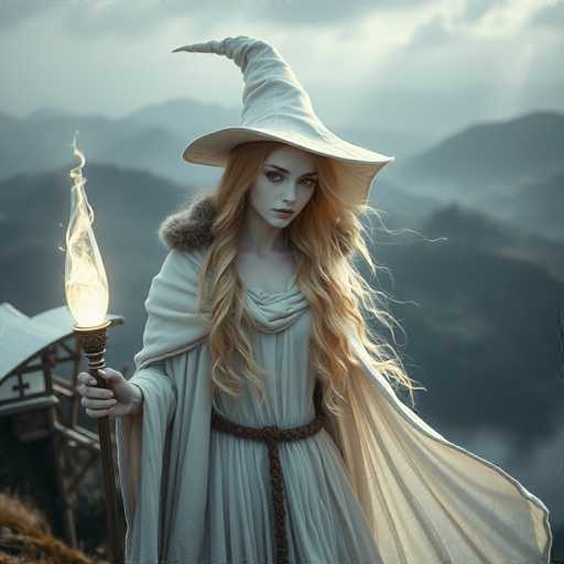 The image depicts a young woman with long, wavy blonde hair cascading down to her waist. She is adorned in a light blue, almost ethereal dress that features a brown belt cinched at her waist. Draped over her shoulders is a matching blue cloak, accented with a brown fur collar. Atop her head sits a pointed witch's hat, also light blue, with a curved brim that adds a whimsical touch to her appearance. In her right hand, she holds a glowing torch that emits a warm yellow light, casting a gentle glow around her. The background is a misty, foggy landscape with dark, shadowy mountains, creating an eerie and mysterious atmosphere. To her left, a small structure with a cross on top is visible, adding to the enigmatic setting. The overall scene is both haunting and enchanting, blending elements of fantasy and nature.