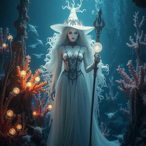 The image depicts a striking underwater scene featuring a witch-like woman with long, flowing white hair. She is adorned in a white dress with intricate black lace details and wears a tall, pointed witch's hat embellished with silver designs. The woman's face is pale, with dark red lips and a serious expression, as she gazes directly at the viewer. In her left hand, she holds a staff topped with a glowing orb and a trident. The background is a deep blue, filled with various types of coral—some glowing with orange and yellow hues, others in shades of pink and purple. Several fish swim around her, adding to the mystical underwater atmosphere. The overall scene is dark and ethereal, with the witch appearing almost ghostly amidst the vibrant coral and marine life.