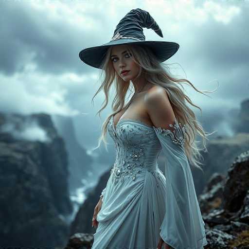 A captivating image features a woman dressed in an elaborate, light blue gown adorned with intricate silver embellishments. The gown, which is low-cut and sleeveless, elegantly drapes over her right shoulder while leaving her left shoulder bare. Her long, flowing blonde hair cascades down her back, complementing the ethereal atmosphere of the scene. She wears a wide-brimmed, dark blue witch's hat, complete with a gold band and a decorative gold emblem at the front, adding a touch of mystique to her appearance. The woman stands poised on a rocky cliff, gazing directly at the camera with a serene expression. Behind her, the landscape is dominated by dark, imposing mountains and a cloudy sky, with a river snaking through the valley below, enhancing the dramatic and enchanting mood of the photograph.