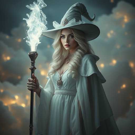This image portrays a striking, computer-generated depiction of a young, blonde witch, likely in her early 20s. She stands in a three-quarter profile, facing the viewer with a serious expression. Her long, wavy hair cascades down to her chest, and she wears a classic witch's hat adorned with a blue gem at the front. The hat features a wide brim and a pointed top that curves to the right. Her attire is a flowing white dress with long sleeves, complemented by a white cape draped over her left shoulder. Around her neck, she wears a choker with a large pendant and a longer necklace with a circular pendant. In her right hand, she holds a tall, black staff topped with a glowing, ethereal white light that resembles smoke or steam. The background is a dark, cloudy sky with scattered, glowing yellow lights, adding to the mystical atmosphere of the scene.