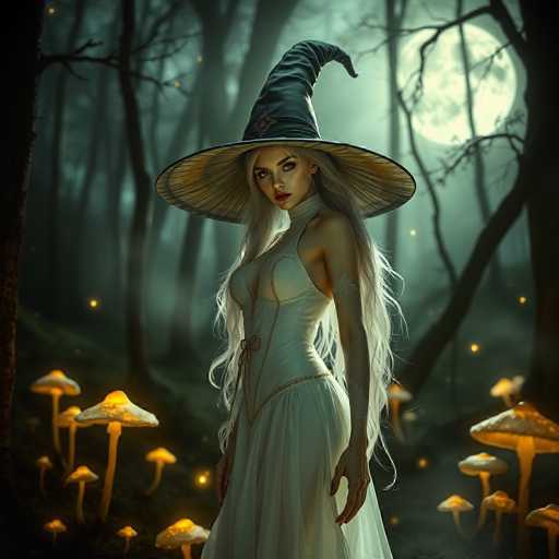 In this captivating digital artwork, a striking witch stands poised in a mystical forest. She dons a wide-brimmed, tall witch's hat that curves elegantly to the right, adorned with a gold emblem at its center. Her long, flowing white hair cascades down to her waist, framing her face and shoulders. She wears a sleeveless white dress, intricately detailed with gold trim and a bow at the front, which accentuates her curvaceous figure. The witch's expression is intense, with her head turned to the left, her eyes fixed directly at the viewer, and her lips painted a vivid red.

The background is a hauntingly beautiful forest, bathed in the ethereal glow of a full moon positioned in the upper right corner. The moonlight casts a silvery sheen over the scene, illuminating the bare, dark tree trunks and creating a misty atmosphere. Scattered throughout the forest are glowing yellow mushrooms, their caps lit from within, adding to the enchanting ambiance. The overall color palette of the image is dominated by shades of white, gold, and black, with the moonlight providing a soft, luminous contrast. The witch's attire and the glowing mushrooms create a focal point that draws the viewer's eye, making this image a mesmerizing portrayal of fantasy and mystery.