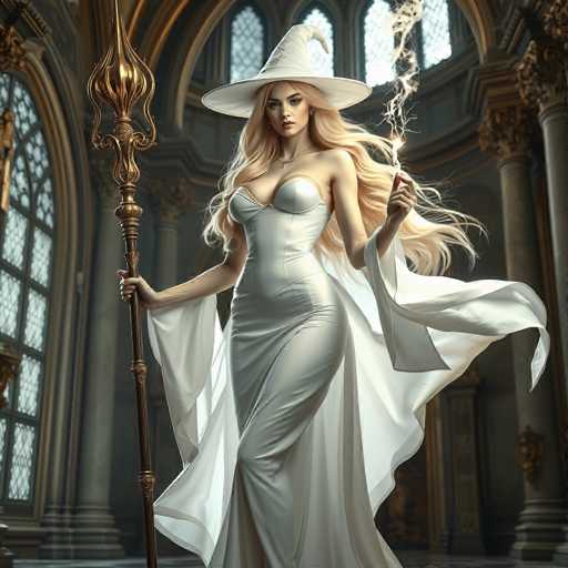 The image depicts a striking, AI-generated or computer-generated artwork of a young woman with long, flowing blonde hair, dressed in a sleek, tight-fitting white dress that accentuates her figure. She stands in a grand, cathedral-like setting with tall, arched windows and columns, suggesting an opulent, possibly medieval or fantasy-inspired environment. The woman is adorned with a large, white witch's hat that features a pointed tip and a wide brim, adding a whimsical touch to her appearance. In her right hand, she holds a tall, ornate staff with a golden top, while her left hand appears to be conjuring or manipulating a smoky, ethereal effect, possibly indicating magical abilities. The overall scene is rich in detail, blending elements of fantasy and grandeur, with the woman's pose and attire exuding confidence and power.