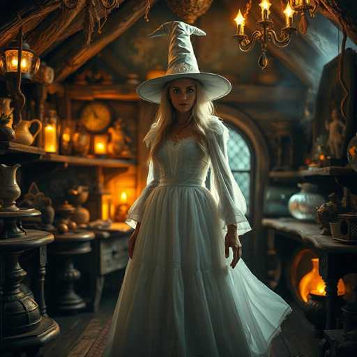 A woman stands in a dimly lit room with a large window behind her and a chandelier hanging from the ceiling. She is wearing a white dress that falls down to her knees and a tall white witch's hat on her head. The room contains various objects such as vases, bowls, and candles scattered throughout the space.