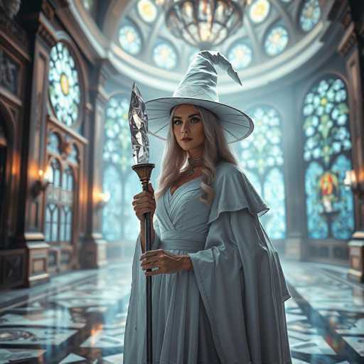 The image depicts a highly detailed, computer-generated scene of a young woman standing in the center of a grand, ornate room. She is dressed in a light blue, almost silver gown with a matching cape, and wears a pointed witch's hat that curves to the right. Her long, wavy gray hair cascades down to her chest, and she has a serious expression on her face. In her right hand, she holds a staff topped with a large, clear crystal. The room around her is vast and circular, featuring a marble floor with intricate designs and a dome ceiling adorned with stained glass windows. The walls are lined with tall, arched stained glass windows, and the space is illuminated by numerous lights. The overall atmosphere is one of elegance and mystique, with the woman appearing to be a powerful, enigmatic figure in this majestic setting.