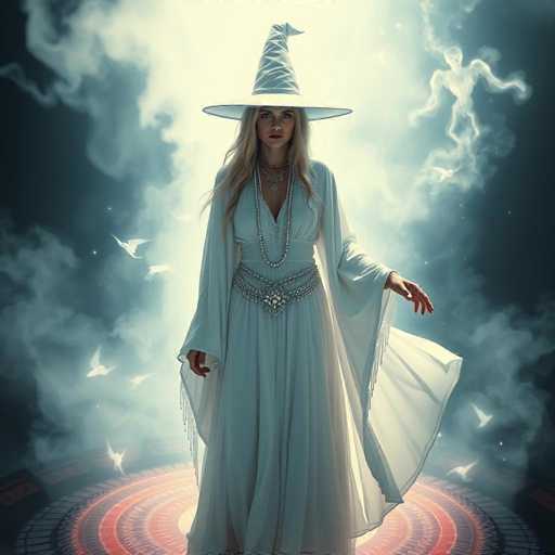 The image depicts a young woman, likely in her 20s, dressed in an elaborate witch costume. She has long blonde hair cascading down to her chest and is adorned with a tall, pointed witch's hat that features a wide brim. Her attire includes a flowing white gown with long sleeves, complemented by a silver belt and a long necklace. The woman stands on a circular platform with concentric rings in shades of red, orange, and gray, resembling a bullseye. Surrounding her are numerous white doves, adding a mystical aura to the scene. The background is predominantly dark, with a smoky, ethereal atmosphere that enhances the magical ambiance. The overall composition suggests a blend of digital artistry and photography, creating a captivating and enchanting visual experience.