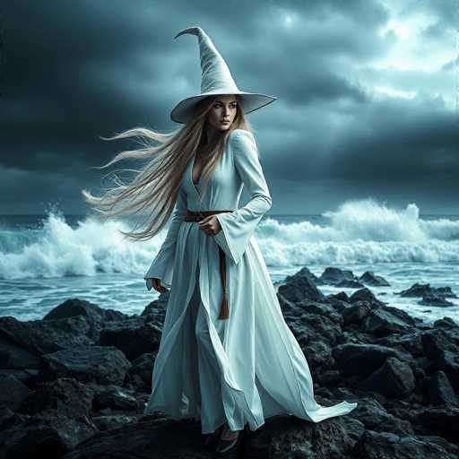 A woman stands on a rocky shoreline, wearing a long white dress and a tall white hat with a pointed end. The ocean behind her is rough with waves crashing against the rocks.