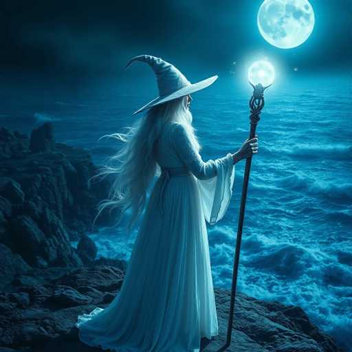 In this captivating nighttime scene, a witch stands poised on a rocky cliff overlooking a tumultuous ocean. The sky is a deep, dark blue, almost black, with a large, luminous moon casting an ethereal glow over the landscape. The witch, viewed from behind, is adorned in a flowing white gown and a pointed hat that curves gracefully to the left. Her long, white hair cascades down her back, adding to her mystical aura. She holds a tall, black staff in her left hand, topped with a glowing orb that emits a soft light. The ocean below is alive with crashing waves, their white crests illuminated by the moonlight. To the left of the witch, the rocky terrain extends outward, creating a dramatic and enchanting backdrop. The entire scene is bathed in a serene blue hue, enhancing the magical and tranquil atmosphere.