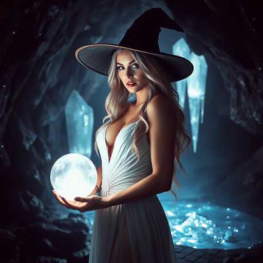 A woman dressed in a white dress and black hat stands in front of a cave with crystal formations on the walls. She holds a large crystal ball in her hands.