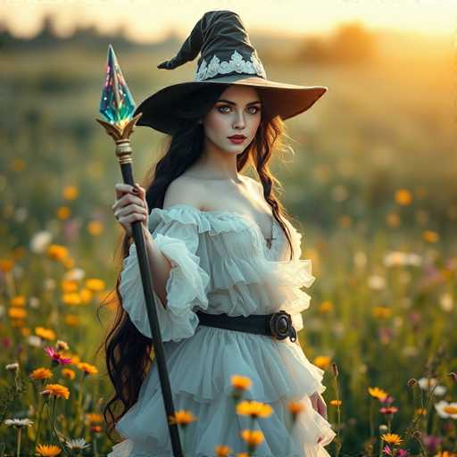 A woman dressed as a witch stands in a field filled with yellow flowers and green grass at sunset. She holds a wand in her right hand and wears a black hat adorned with a white feather on the side.