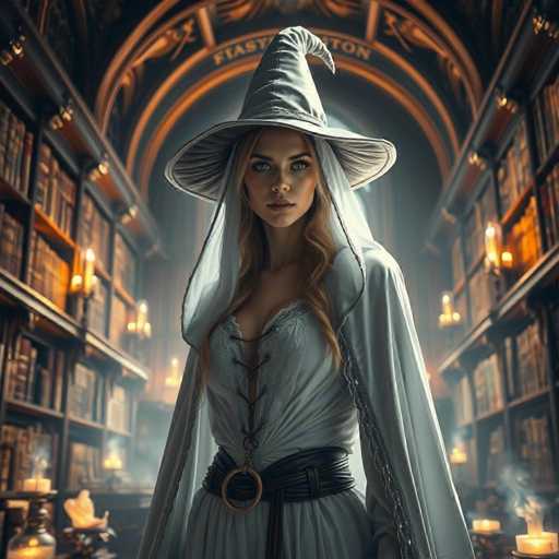 A woman dressed as a witch stands in front of a bookshelf filled with books and candles, wearing a white dress and a pointed hat.