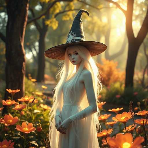 A woman with long blonde hair is standing in a garden filled with orange flowers and trees. She is wearing a black witch's hat and a white dress. The background features tall trees and bushes, creating a serene and natural setting for the scene.