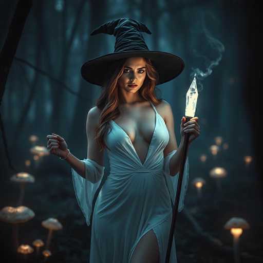 In this captivating image, a woman stands gracefully in the midst of a dense forest, exuding an aura of mystique. She is adorned in a striking white dress that features a daring deep V-neckline, revealing a generous amount of cleavage. The dress is designed with elegant off-the-shoulder sleeves that drape down to her elbows, adding a touch of sophistication to her ensemble. Her long, flowing brown hair cascades down her back, complementing her fair complexion.

Perched atop her head is a classic black witch's hat, its wide brim casting a shadow over her face, enhancing the enigmatic atmosphere. In her left hand, she holds a staff topped with a glowing crystal, emitting a soft, ethereal light that illuminates her surroundings. Her right hand is clenched into a fist, adorned with a delicate bracelet, adding a hint of enchantment to her appearance.

The forest around her is teeming with life, as numerous mushrooms sprout from the ground, their caps glowing with an otherworldly light. The trees stand tall and bare, their branches reaching towards the sky, creating a serene yet slightly eerie backdrop. The woman gazes directly at the camera, her expression a mix of curiosity and intrigue, as if she is the embodiment of magic in this enchanted woodland.