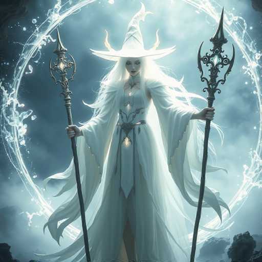 The image depicts a highly detailed, computer-generated witch standing in a dramatic, fantasy setting. She is adorned in a flowing white gown with a matching cape and a pointed witch's hat, her long white hair cascading down her back. The witch holds two distinct staffs: the one in her right hand is a long, black staff with a pointed top, while the one in her left hand features a more intricate design with a diamond-shaped top and two curved, horn-like extensions. Her eyes are closed, and she gazes downward, adding to her mystical aura. The background is a dark, cloudy sky with a large, glowing white ring of light behind her, enhancing the ethereal atmosphere. The scene is further enriched by splashes of water on the left side and rocks at the bottom, contributing to the overall fantastical and enchanting mood of the image.