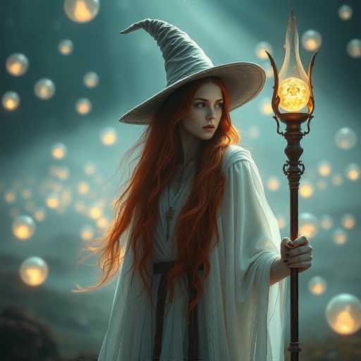 The image depicts a young woman with long, flowing red hair, dressed in a white witch's costume. She wears a pointed witch's hat and a white gown cinched at the waist with a black belt. In her left hand, she holds a staff topped with a glowing yellow orb, which appears to be emitting light. The background is a dark, grayish-blue hue, filled with numerous floating orbs that resemble lanterns or candles, adding to the mystical atmosphere. The woman's gaze is directed to the right, and her expression is neutral. The overall scene is reminiscent of a fantasy setting, possibly inspired by Harry Potter or similar magical themes.