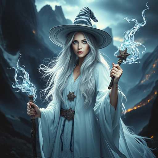 In this captivating fantasy illustration, a striking woman stands poised in a dramatic mountainous landscape. She is adorned in a flowing light blue robe that exudes an ethereal quality, cinched at the waist by a wide, ornate belt. Her long, silver hair cascades down her shoulders, framing her face, which is highlighted by her piercing blue eyes and a touch of red lipstick. Atop her head sits a wide-brimmed witch's hat, adorned with dark blue and light blue stripes, adding a whimsical yet powerful touch to her appearance.

In her hands, she wields two staffs, each topped with a star-shaped ornament. From these stars, wisps of light blue smoke or mist emanate, swirling around her and adding to the mystical atmosphere. The background features a rugged mountain range, with hints of lava or fire glowing ominously at the peaks, suggesting a world on the brink of volcanic eruption. The sky above is a somber gray, with a faint light breaking through the clouds, casting a muted glow over the scene. The woman's gaze is directed slightly upward and to the right, as if she is gazing at something unseen yet significant in the vast expanse before her.