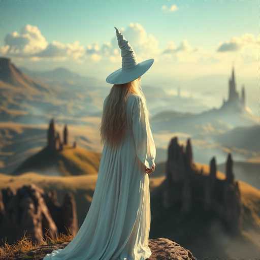 In this captivating fantasy scene, a witch stands poised on a rocky outcrop, gazing into the distance. She is adorned in a flowing white gown that cascades to the ground, and her long blonde hair, streaked with hints of red, complements her ethereal appearance. Atop her head sits a classic witch's hat, white with a pointed tip, adding to her mystical aura. The witch's back is turned to the viewer, emphasizing her contemplative stance as she looks out over a vast, rugged landscape. The terrain is dotted with rocky formations and distant mountains, shrouded in a misty haze that adds depth to the scene. The sky above is a serene blue, dotted with fluffy white clouds, while the sun casts a warm, golden glow over the entire landscape, enhancing the enchanting atmosphere of this fantasy world.