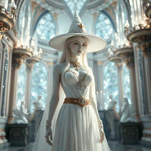 A woman stands in front of a large window with white curtains and gold accents, wearing a white dress and a tall white witch's hat adorned with a gold star on top.