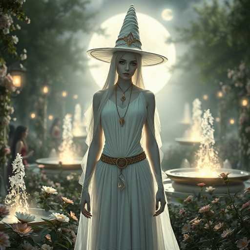 A woman stands in front of a fountain with her hands on her hips and a white dress with a gold belt around her waist. She is wearing a large white hat with a pointed top that matches the shape of a witch's hat. The fountain behind her has water shooting up into the air, creating a misty effect. In the background, there are trees and bushes, adding to the fairy tale-like atmosphere.