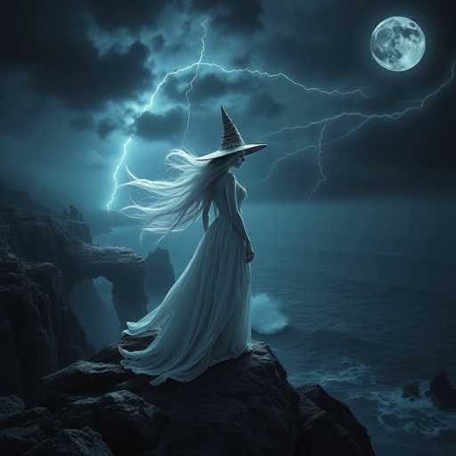 In this captivating digital artwork, a witch stands poised on a jagged, rocky cliff overlooking a tumultuous ocean. The scene is bathed in the eerie light of a full moon, casting a silvery glow over the landscape. The witch, adorned in a flowing white gown and a pointed hat, has long, white hair cascading down her back. Her face is partially obscured, adding an air of mystery. The sky above is a dramatic tapestry of dark, roiling clouds interspersed with jagged lightning bolts. The ocean below is equally turbulent, with waves crashing against the rocks and creating white foam. The entire composition is rendered in shades of blue, gray, and white, enhancing the mystical and foreboding atmosphere.