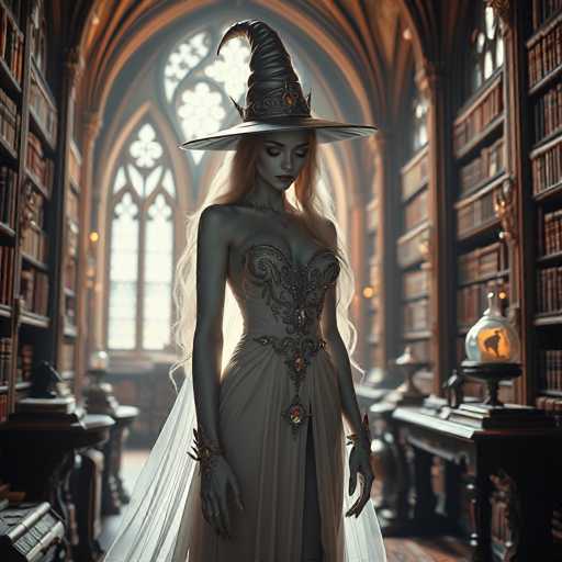 A woman stands in a library with her back to the camera, wearing a large witch's hat and a white dress adorned with gold accents. The room is filled with bookshelves on either side of her, creating an atmosphere of quiet contemplation or study.