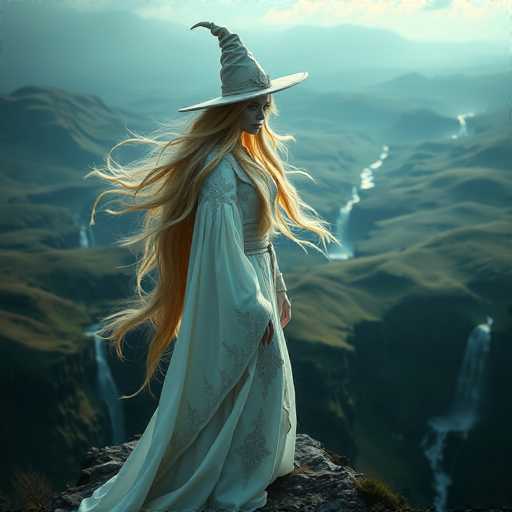 A captivating image features a woman standing on a rocky outcrop, gazing to the right. She is adorned in a flowing white gown embellished with intricate floral patterns. Her long, flowing blonde hair cascades down her back, adding to her ethereal appearance. Atop her head sits a pointed witch's hat, adding a whimsical touch to her ensemble. The background reveals a lush, green valley dotted with numerous waterfalls, creating a serene and enchanting landscape. The woman's face is partially obscured, with her eyes appearing unusually dark, almost as if they are missing. Her hands are also distorted, with one hand displaying only three fingers and the other appearing as a small nub. Despite these peculiarities, the image exudes a magical and serene atmosphere.