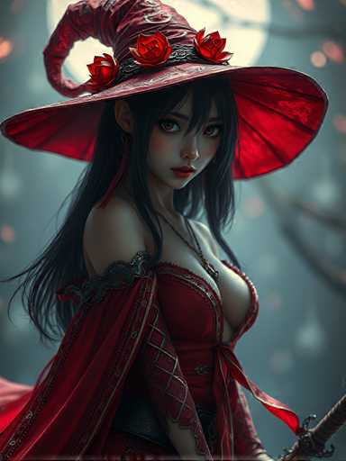 This image features a striking, computer-generated depiction of a young woman, possibly in her late teens or early twenties, embodying a blend of classic and modern fantasy elements. She is adorned in a vibrant red dress with intricate gold trim, which is low-cut, revealing her shoulders and chest. Her attire includes a dramatic red cape that drapes over her right shoulder, adding to her regal appearance. She wears a large, ornate red hat, reminiscent of a witch's hat, embellished with three red roses and a black band around its base. Her long, dark hair cascades down her back, and she has a fair complexion with red lipstick and brown eyes. A necklace with a pendant hangs around her neck, adding a touch of elegance to her ensemble. In her right hand, she holds a sword, its handle visible in the bottom right corner of the image. The background is a blurred mix of gray and blue hues, with indistinct branches and lights, creating a mystical atmosphere that complements the character's enchanting presence.