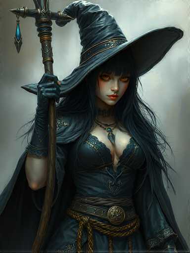 The image depicts a striking, computer-generated artwork of a witch, exuding an aura of mystery and allure. She is adorned in a dark, revealing dress that accentuates her cleavage, paired with a dramatic cape that adds to her imposing presence. Her long, flowing black hair cascades down, framing her face, which is highlighted by her intense, fiery orange eyes. The witch's lips are painted a vivid red, adding to her captivating appearance. She holds a staff in her right hand, which is topped with a teardrop-shaped blue gem, enhancing her mystical aura. The background is a muted gray, ensuring that the witch remains the focal point of the image. The overall composition and intricate details of the artwork create a powerful and enchanting portrayal of this bewitching character.
