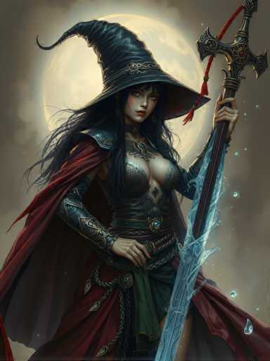 The image depicts a highly detailed, computer-generated artwork of a witch-like character set against a dark, grayish background. Dominating the backdrop is a large, full moon that casts an eerie glow over the scene. The witch, who appears to be of Asian descent, has long, flowing black hair and is adorned with a tall, black witch's hat that features a red tassel hanging from its brim. Her face is accentuated with red lipstick and she wears a striking red cape that drapes over her shoulders and extends down to her knees.

Her attire is a blend of medieval and fantastical elements, including a black leather corset that reveals her cleavage, a green skirt, and a black belt with a blue gem. She also wears black leather gloves that reach up to her elbows, adding to her imposing presence. In her left hand, she holds a large, ornate staff that resembles a sword, with a blue blade and a black handle. The staff is topped with a cross-like design, further enhancing the mystical aura of the character. The overall composition and intricate details suggest that this image could be a piece of concept art for a video game or an animated film.