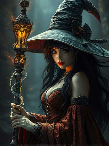 This image is a detailed, computer-generated illustration of a young woman dressed as a witch. She has long, dark hair with bangs and is wearing a large, wide-brimmed witch's hat that is grayish-blue with a flower decoration on the side. Her outfit consists of a low-cut, red dress with intricate gold and black patterns, and she is adorned with a necklace and a bracelet. The woman is holding a staff or scepter in her right hand, which features a glowing lantern at the top and a silver chain wrapped around it. The background is a dark, smoky gray, adding to the mystical atmosphere of the scene. The overall style of the image is reminiscent of a fantasy video game or an anime, with a focus on the witch's enchanting and somewhat seductive appearance.