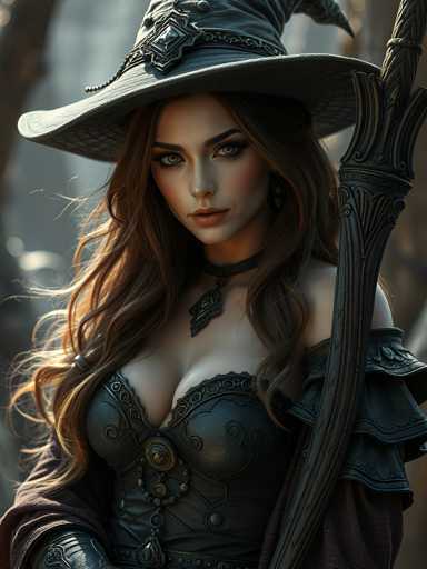 A woman with long brown hair is dressed as a witch, wearing a black hat and a corset that has a gold buckle on the waistband. She holds a staff in her right hand. The background features trees and bushes, suggesting an outdoor setting.