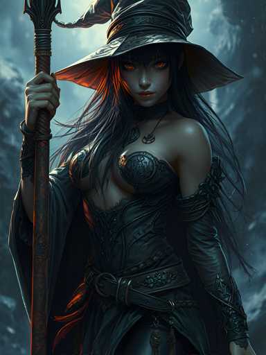The image depicts a woman dressed as a witch with long dark hair and a pointed hat. She is holding a staff or wand in her right hand and has a necklace around her neck. The background features a dark blue color that contrasts with the woman's attire, creating an eerie atmosphere.