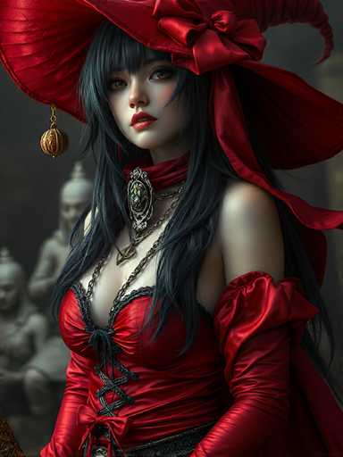 This image features a detailed, computer-generated depiction of a young woman with long, dark black hair and bangs, styled in a gothic Lolita fashion. She is adorned in a striking red dress with black lace trim, which is low-cut and laced up the front. Her attire includes a red choker with a large, ornate silver and blue jewel centerpiece, complemented by additional necklaces. She wears long, red satin gloves that extend to her elbows, and a dramatic red hat with a large bow on the right side, which has a tassel hanging down. Her makeup is bold, with red lipstick and blush on her cheeks. The background is dark, featuring gray statues that resemble Buddhist monks, adding to the overall gothic and mysterious ambiance of the image.