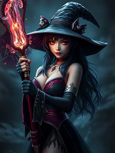 This image features a striking, computer-generated depiction of a young woman with an anime-inspired style. She has long, dark hair cascading down her back and is adorned with a large, black witch's hat that has two small, cat-like figures perched on either side. Her attire is a revealing, black and purple corset that accentuates her cleavage, paired with a matching purple skirt. She wears long, black gloves that extend up to her biceps, and a choker necklace with a red jewel. In her right hand, she holds a staff that emits flames, adding to her mystical appearance. The background is a dark, cloudy gray, enhancing the dramatic and enchanting atmosphere of the scene.