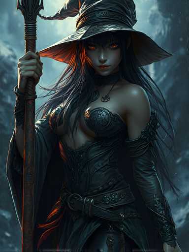 This image features a striking female character with long, flowing black hair and piercing orange eyes. She is adorned in a dramatic ensemble that includes a wide-brimmed hat, reminiscent of a witch's hat, and a corset-like top that leaves one shoulder bare. Her outfit is accentuated by a necklace with a circular pendant and a belt with a prominent buckle. She wears long gloves that extend from her elbows to her wrists, adding to her mysterious and enchanting appearance. In her right hand, she holds a staff or scepter, which is wrapped with rope near the top. The background is a dark, cloudy gray, enhancing the overall mystical and somewhat ominous atmosphere of the scene.