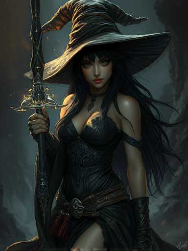 The image depicts a striking, computer-generated female character set against a dark, smoky background. She is adorned in a black corset with intricate designs and a matching black skirt that reveals her legs. Her long, flowing black hair cascades down to her waist, and she wears a large, floppy witch's hat with a wide brim and a pointed tip. Her face is accentuated with red lipstick, and she has a black choker necklace with a pendant. She holds a tall, ornate sword with a black handle and a silver hilt in her right hand, which is gloved in black. A leather belt with tassels cinches her waist, and a leather strap wraps around her left upper arm. Her left arm is also gloved, extending down to her wrist. The overall scene is shrouded in darkness, with the smoky background adding to the mysterious and enchanting atmosphere.