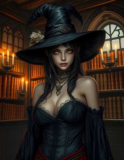 The image depicts a striking young woman, likely in her early 20s, with long black hair cascading down her shoulders. She is adorned in a large, black witch's hat that features a prominent white rose on the left side and a silver belt with a clock at the front. Her eyes are a mesmerizing orange, and she wears a choker necklace with a pendant, along with another necklace that has a rectangular pendant. Her attire includes a black corset with lace detailing and long sleeves that extend to her elbows, complemented by a red skirt. The background reveals a dimly lit room filled with bookshelves and candles, creating a mysterious and enchanting atmosphere.