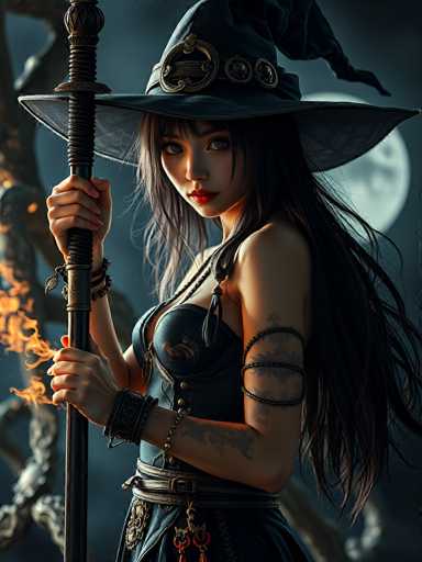 This image features a young woman dressed as a witch, standing in a dark, eerie forest. She is wearing a large, black witch's hat adorned with three circular buckles and a long, flowing brim. Her long, dark hair cascades down her back, and she has striking blue eyes and red lips. She is dressed in a black corset with gold buttons and a black skirt, cinched at the waist with a black belt that has a gold buckle and red tassels. Her left arm is decorated with black leather armbands, and she has tattoos on her arm. In her right hand, she holds a black staff with a gold top, which is engulfed in flames. The background is dark, with a full moon visible in the top right corner, casting a pale light over the scene. The overall atmosphere is mysterious and slightly menacing, with the witch gazing directly at the viewer.