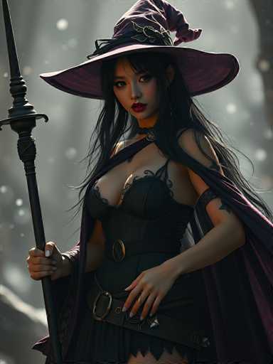 The image depicts a young woman, possibly of Asian descent, dressed in a striking witch costume. She has long, dark hair and is adorned with a large, purple witch's hat that features a black band and a butterfly decoration. Her outfit includes a black corset with a gold buckle, a black skirt, and a black cape that drapes over her shoulders. She also wears a black choker with a gold medallion. The woman is holding a black spear in her right hand, which is positioned near her waist. Her nails are painted white, and she has a gold ring on her left hand. The background is blurred, with a grayish hue and white dots, giving the impression of a snowy or starry night. The overall composition suggests a computer-generated or AI-created image, emphasizing the detailed and somewhat fantastical elements of her attire.