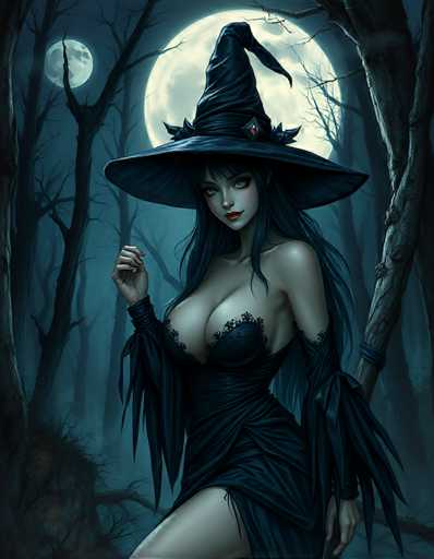 The image depicts a seductive witch standing in a dark, eerie forest. She is dressed in a revealing black dress that accentuates her large breasts and long, slender legs. Her attire includes a wide-brimmed, pointed witch's hat adorned with a red jewel at the front. The dress features intricate lace details and a slit that reveals her leg. Her long, dark hair cascades down her back, and she has striking red lips. The witch's pose is alluring, with one hand raised and the other resting by her side. Behind her, a large, full moon illuminates the scene, casting a silvery glow over the landscape. The forest is filled with bare, gnarled trees, adding to the spooky atmosphere. A smaller moon is visible in the upper left corner of the image, enhancing the mystical ambiance. The overall color palette is dominated by shades of black, gray, and blue, with the red jewel and the witch's lips providing vivid contrasts.